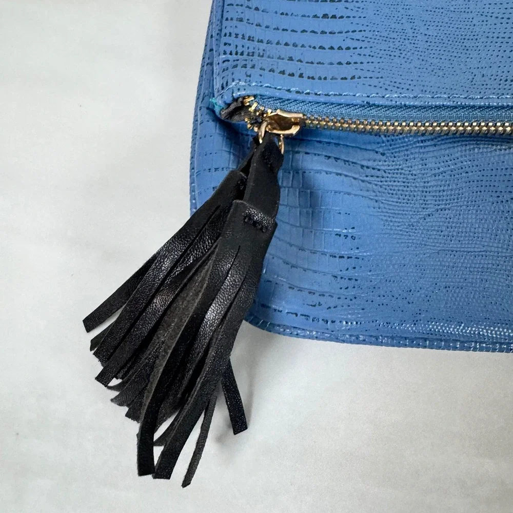 R+J Romeo + Juliet Couture Blue Faux Leather Snakeprint Foldover Clutch‎ Tassel
